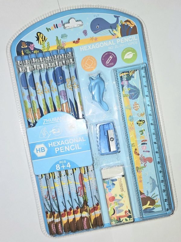 BLUE STATIONARY KIT (8+4 PCS)8 PENCILS1 SHARPENER1 ERASER  1 SCALE 1 PENCIL GRIP