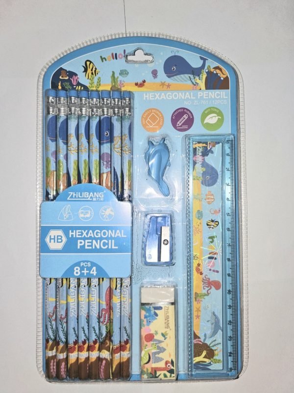 BLUE STATIONARY KIT (8+4 PCS)8 PENCILS1 SHARPENER1 ERASER  1 SCALE 1 PENCIL GRIP - Image 3